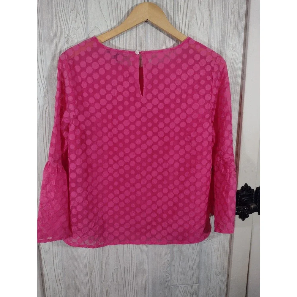 Tommy Hilfiger Blouse Women's Pink Top Small Petite Sheer Polka Dot Bell Sleeve